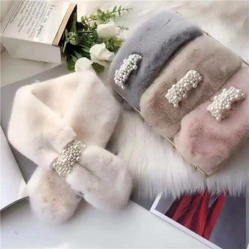 New Women's Winter Scarf Faux Fur Plush Pearl Scarf Faux Fur Thickening Warm Cross Stereo Scarfs New Scarfs Apparel Accessories