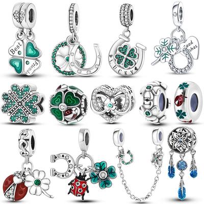 S925 Silver Lucky Charms Four Leaf Clover Fit Original  Bracelet Diy Ladybug Bead Wishbone For Pendant Necklace Making