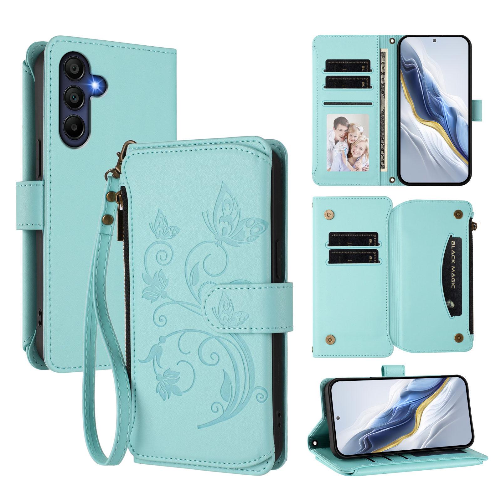 

For Samsung Galaxy A16 4G/Galaxy A16 5G Leather Case Butterfly Floral Imprint Zipper Wallet Stand Cover with Wrist Strap Mint Green