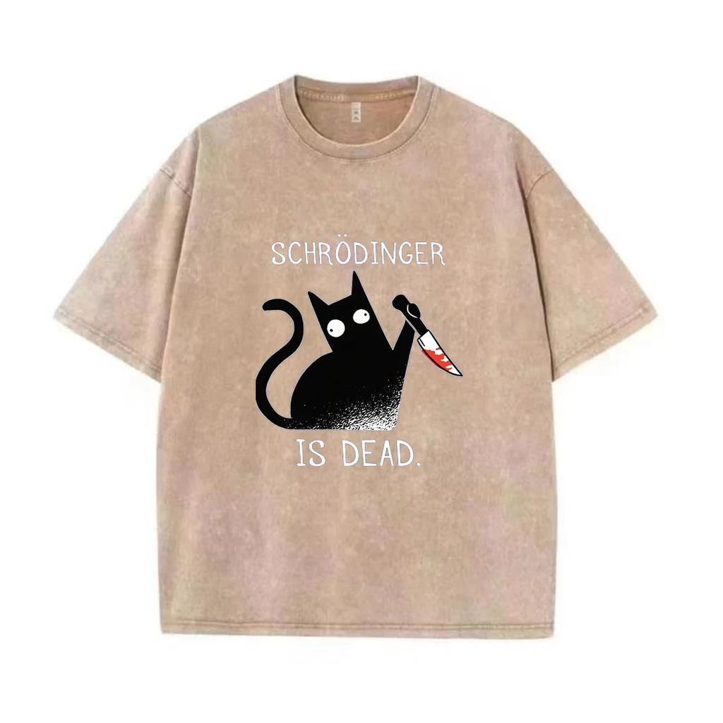 Schrodinger Is Dead Black Cat Fashion Wash Cotton T-shirt Men's High Quality T-shirt Oversized T-shirt Short Sleeve Street Top