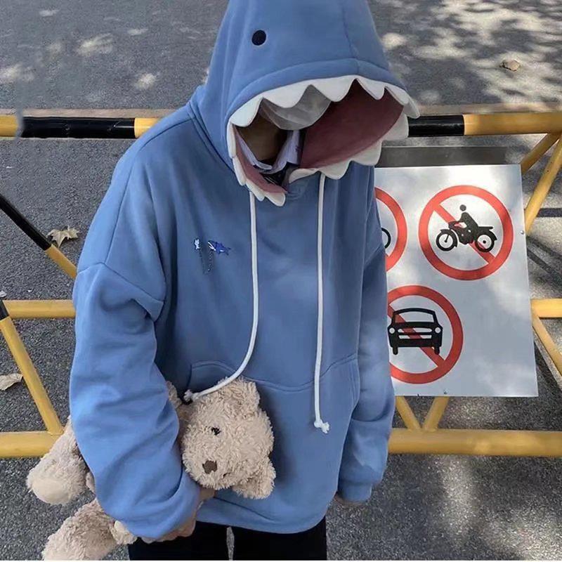Шикарные модные женские толстовки с капюшоном в виде акулы Верхняя одежда Осень Винтажные Повседневные Универсальные Худи Пальто Mujer M синий 1600₽