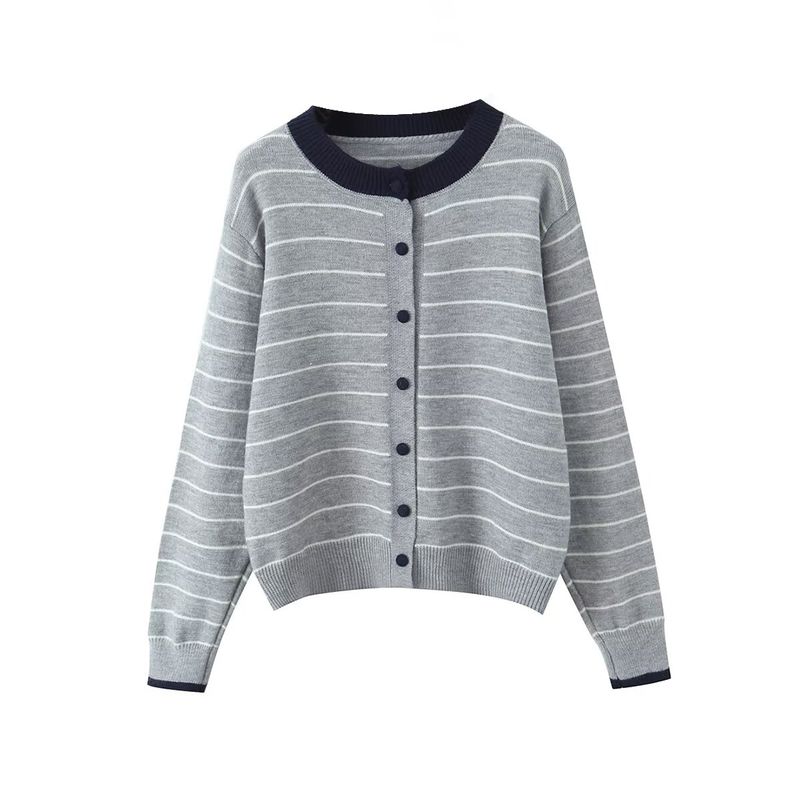 Kaslead New Women Clothes Western Style All-Match Fashion Stripe Round Neck Long Sleeve Sweater Cardigan
