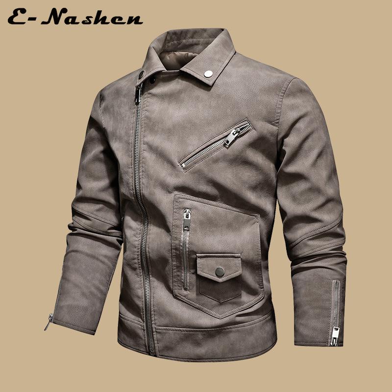 Modna Męska Skórzana Kurtka Motocyklowa w Dużym Rozmiarze z Wieloma Zamkami i Dużym Klapą