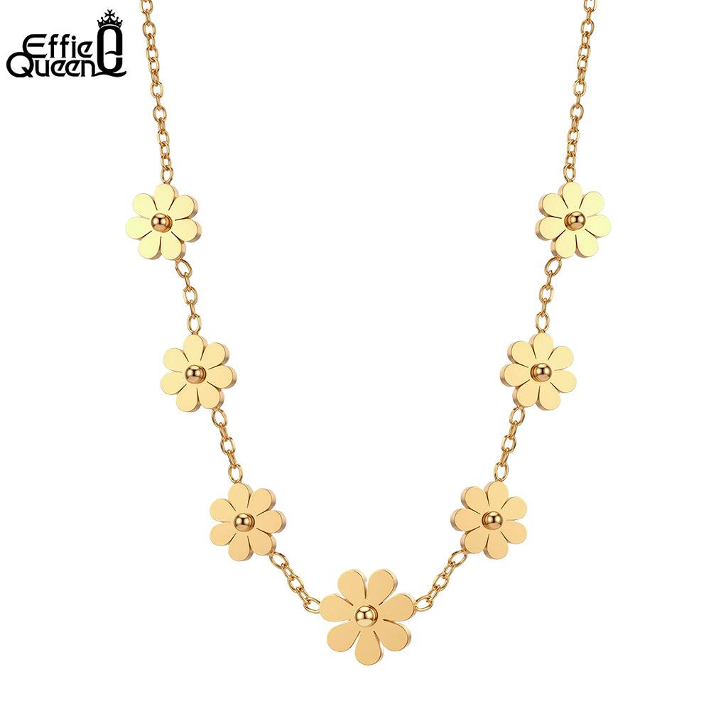 EFFIE QUEEN Stainless Steel Flower Pendant Necklaces Vintage 18K Gold Plated Daily Flower Charm Choker Jewelry Decoration STKN25