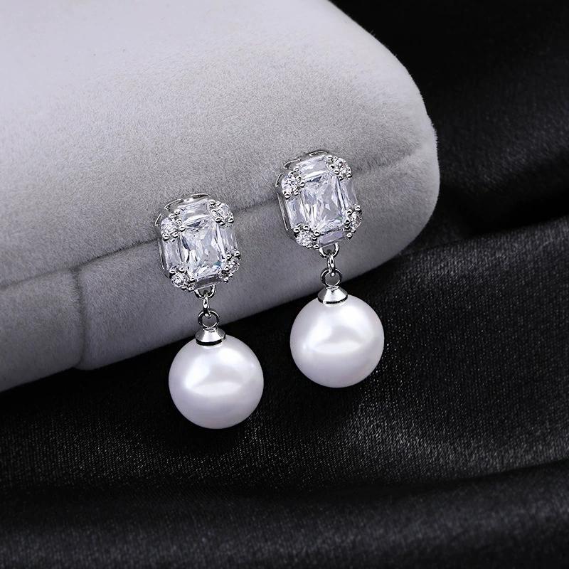 High Quality Zircon Clip On Earrings for Women Fashion Classic Elegant Simulated Pearl Pendant Ear Clips Bridal Banquet Jewelry