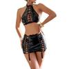 Sexy Women's Black Hollowed-out Strap Buckle Patent Leather Sexy Backless Lingerie Set