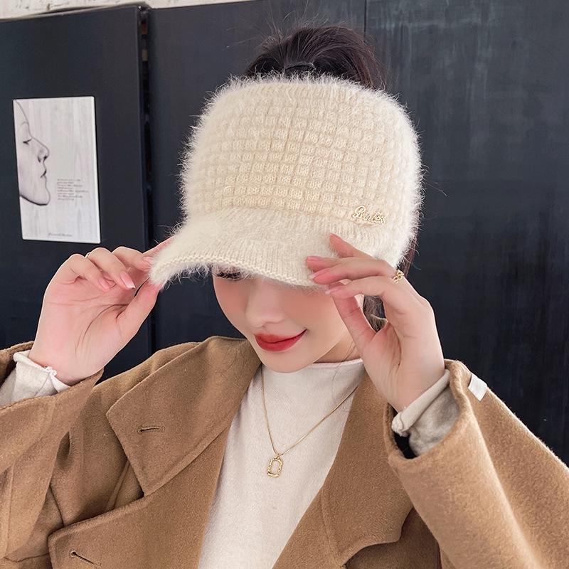 Women's Fleece-lined Wool Knitted Wide Brim Visor Hat for Autumn & Winter Sports