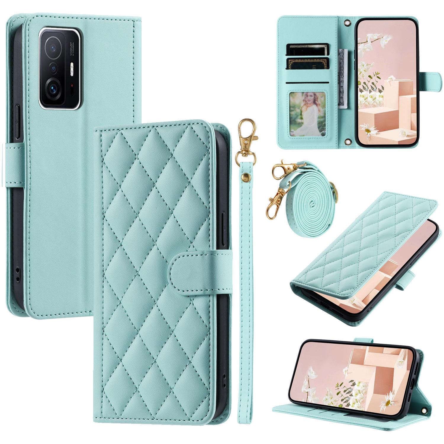 

For Xiaomi 11T/11T Pro Leather Case Wallet Card Holder Phone Cover with Shoulder Strap Mint Green