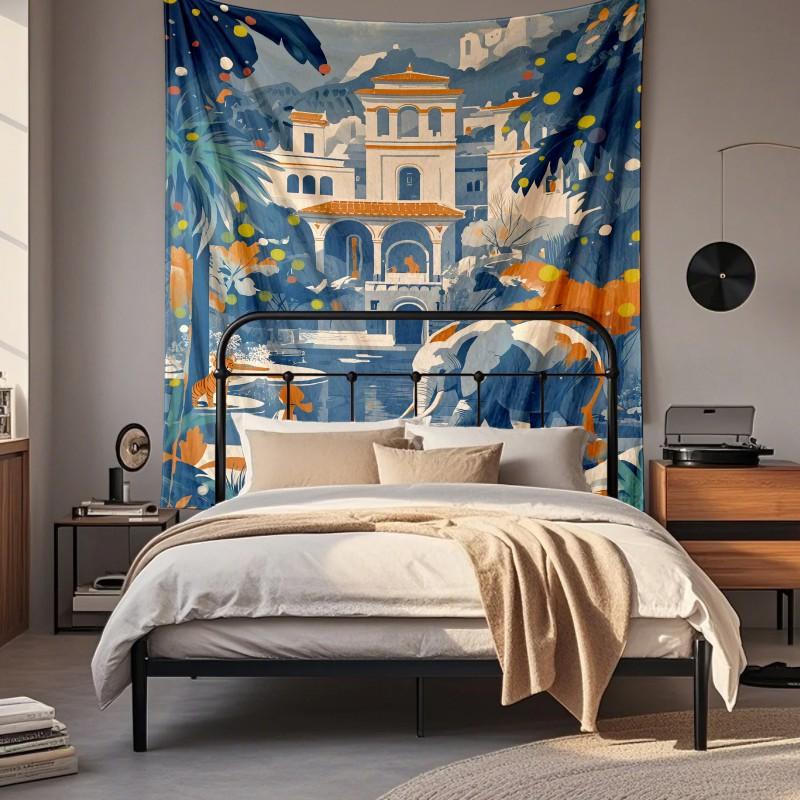 Boho Chic Wall Tapestry With Moon Phase Floral Starry Sky Design Bedroom Yoga Studio Decor