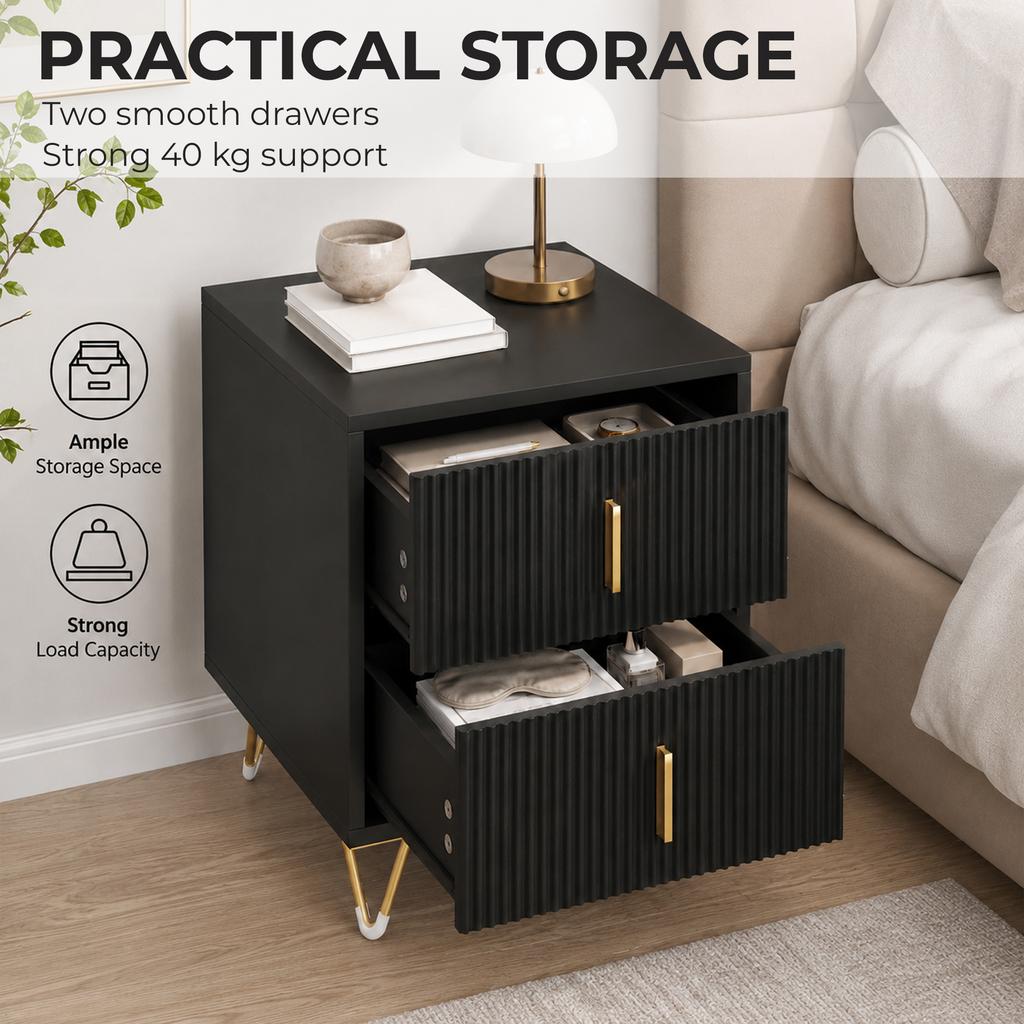 Bedside Table Small Fluted Cabinet 2 Drawers Hairpin Legs Black