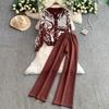 Autumn Winter Women Vintage Print Knitted Sweater Trouser Two Piece Set Full Sleeve Cardigan Tops and Drawstring Wide Leg Pant Suit