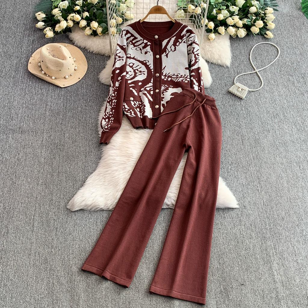 Autumn Winter Women Vintage Print Knitted Sweater Trouser Two Piece Set Full Sleeve Cardigan Tops and Drawstring Wide Leg Pant Suit