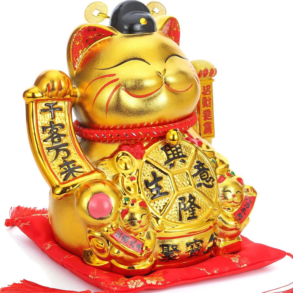 EnergyPower Golden Electric Maneki Neko Ceramic Large Premium Model Cushion Battery USB Gold Hand-painted Handmade Cute Cat Inviting Automatically Its