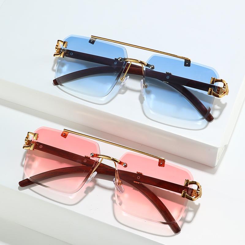 Nowe okulary przeciwsłoneczne kwadratowe bezramkowe z podwójnym mostkiem - Unisex Moda Europejska i Amerykańska Wzór Leopard