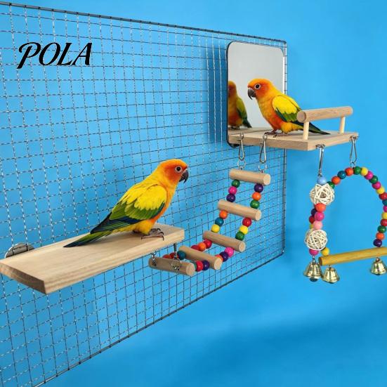 Niet-reflecterende Vogelspiegel 1 Set Kooi Papegaai Speeltjes, Houten Zitstok Platform met Spiegel, Ladder, Kleurrijk Acryl Veiligheid voor Vogels Kralen Belletjes Schommel,