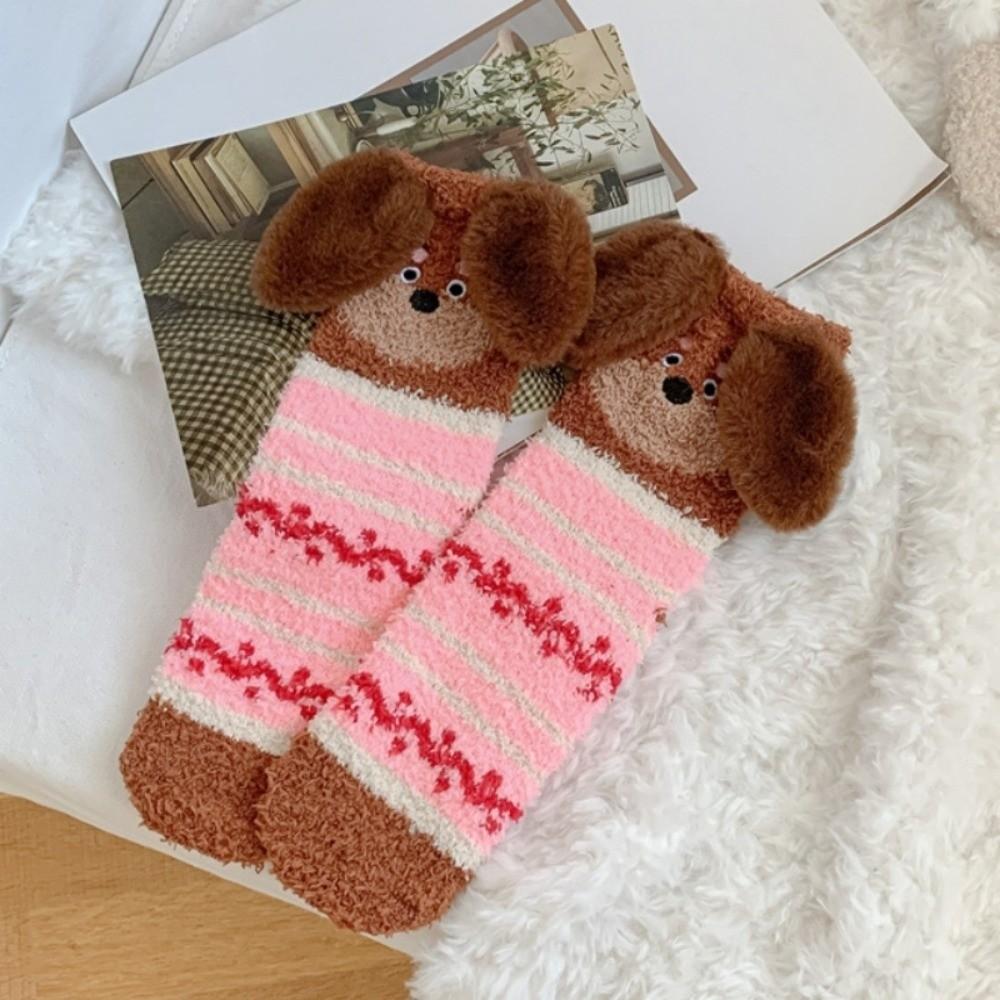 Plush Puppy Ears Coral Fleece Socks Stripe Sleeping Socks Sweet Floor Socks  Girls
