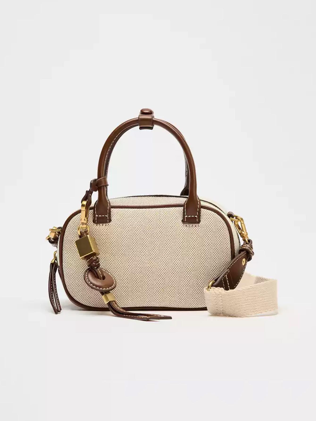 

2026 New niche retro color-blocking hand-held small bag, stylish crossbody canvas PU small square bag, single-shoulder bowling b M бежевый