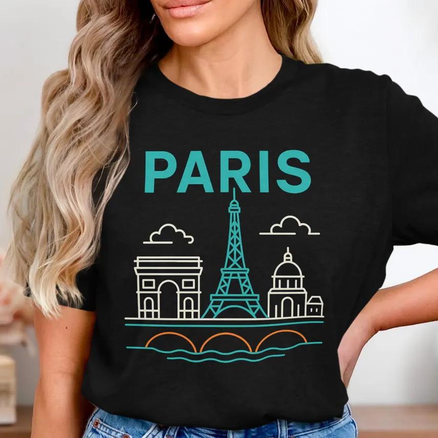 Eiffel Tower TShirt Paris Line Art City Tee France Travel Shirts Fashion Top Tee Gift for Unisex Women Shirts