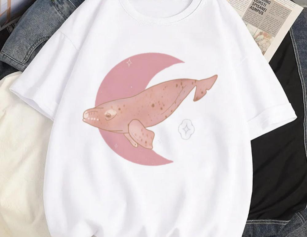 Women Y2K Fashion T Shirt Casual Loose Fit Tee with Cute Cartoon Whale Graphic Harajuku Style Top Daily Streetwear Oversized