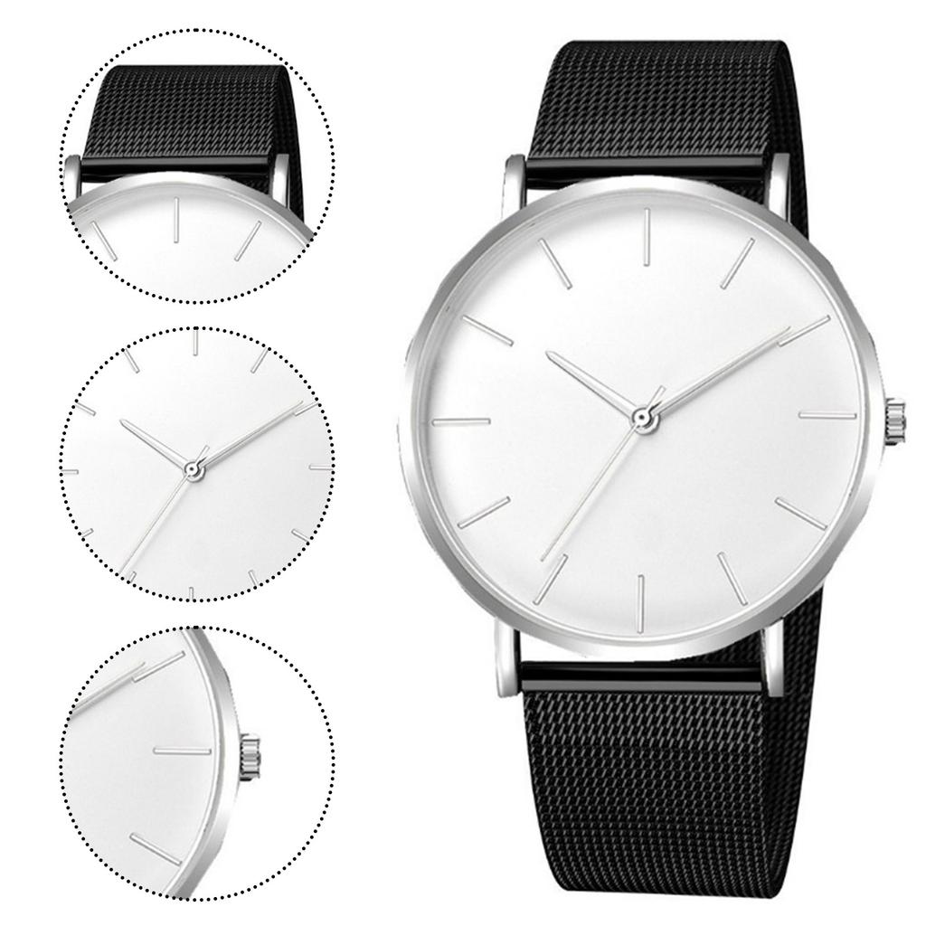 Trendy Minimalist Men’s Watch Modern Black Mesh Band Quartz Watch Chic Gold Accent Matte Black Face Slim Round Case Wristwatch