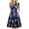 Ladies Elegant Retro Printed Round Neck Skirt with Short Sleeves and A-Line Skirt