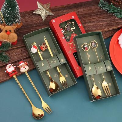 1-20Sets Christmas Spoon Set Cute Christmas Gift Cutlery Two Sets Father Christmas Doll Dessert Spoon Cutlery Set Christmas