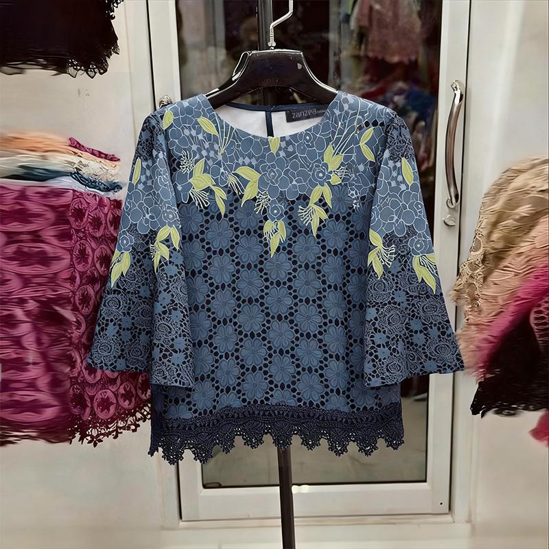 

ZANZEA Женская повседневная блузка с этническим принтом, круглым вырезом и рукавом 3/4 4XL темно-синий