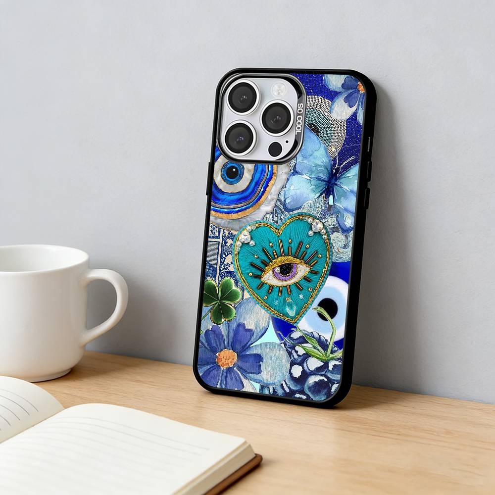 

Evil Eye Butterfly Collage Phone Case For iPhone 17,16,15,14,13,12,11 Plus,Pro Max,XS,Colored Silver Plated Inside Cover iPhone16pro
