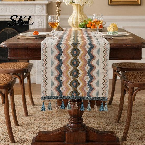 Geometric Pattern Table Runner Jacquard Runner, Colorful Triangles Vintage Floral with Tassel Edges for Home Farmhouse Dining Decor Sturdy Stitched