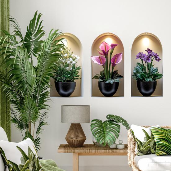 3Pcs 3D Flower Wall Stickers, Realistic Flowers Vase Wall Decals, Waterproof Self-Adhesive Potted Plants Stickers, Greenery Wall Stickers for Living