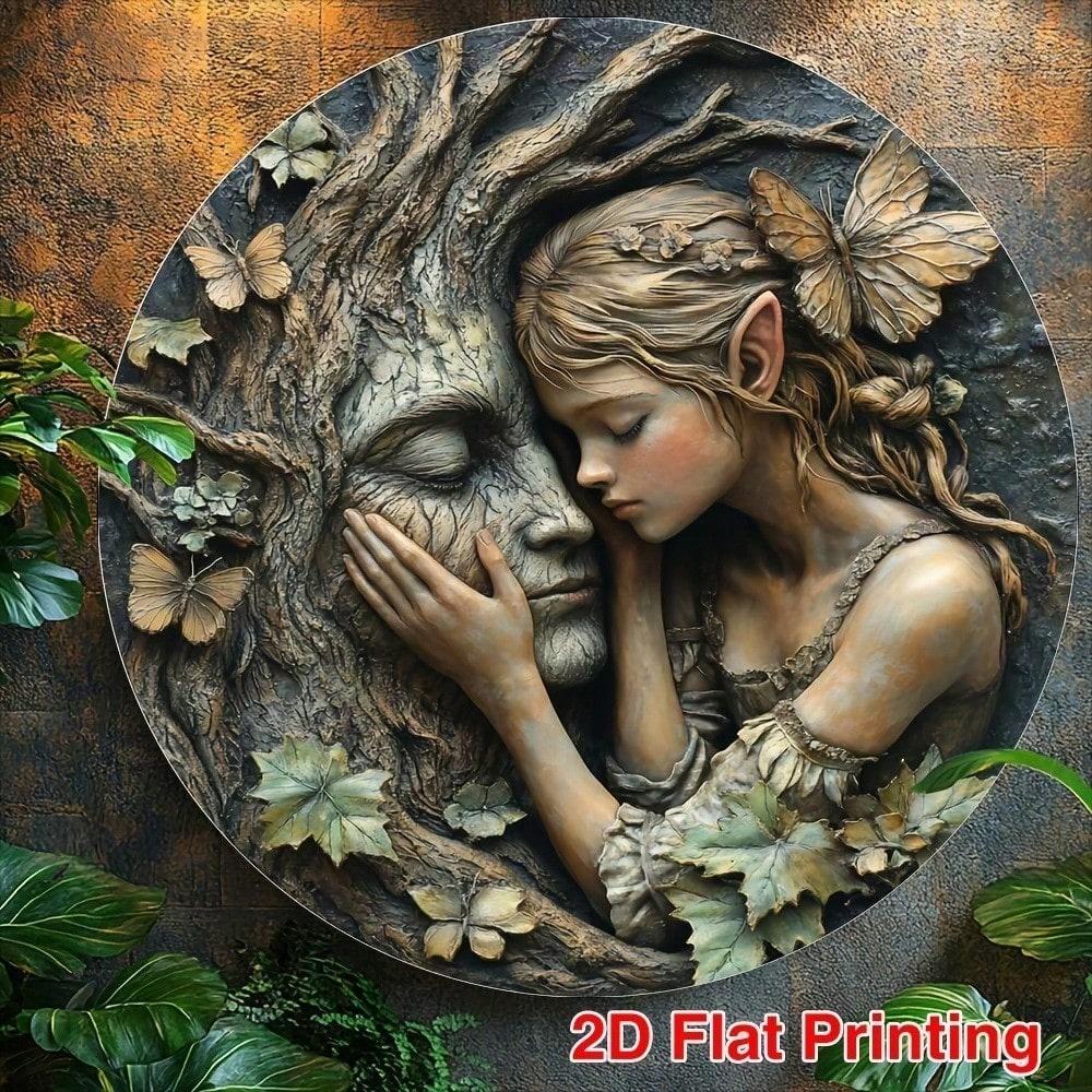 

Fantasy Fairy Tree God 2D Flat Metal Tin Sign 8x8 Inch Round Wall Art Decor Durable Iron Indoor Outdoor Hanging Plaque 20x20