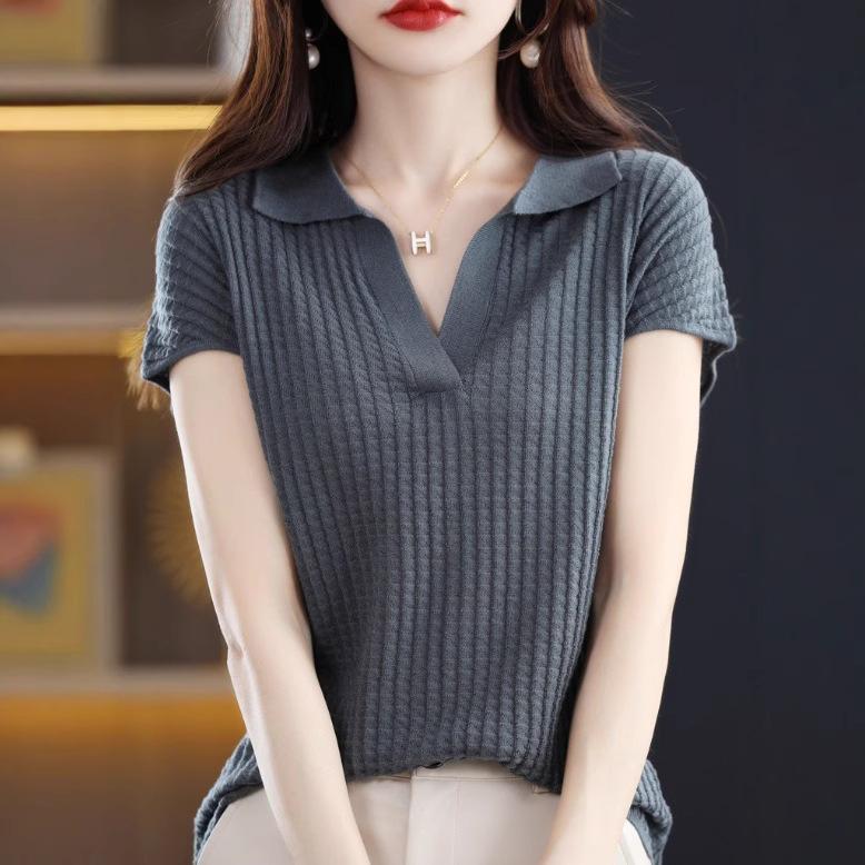 Women's POLO Collar Short Sleeved Knitted T-shirt Loose Top Summer New T-shirt Pullover