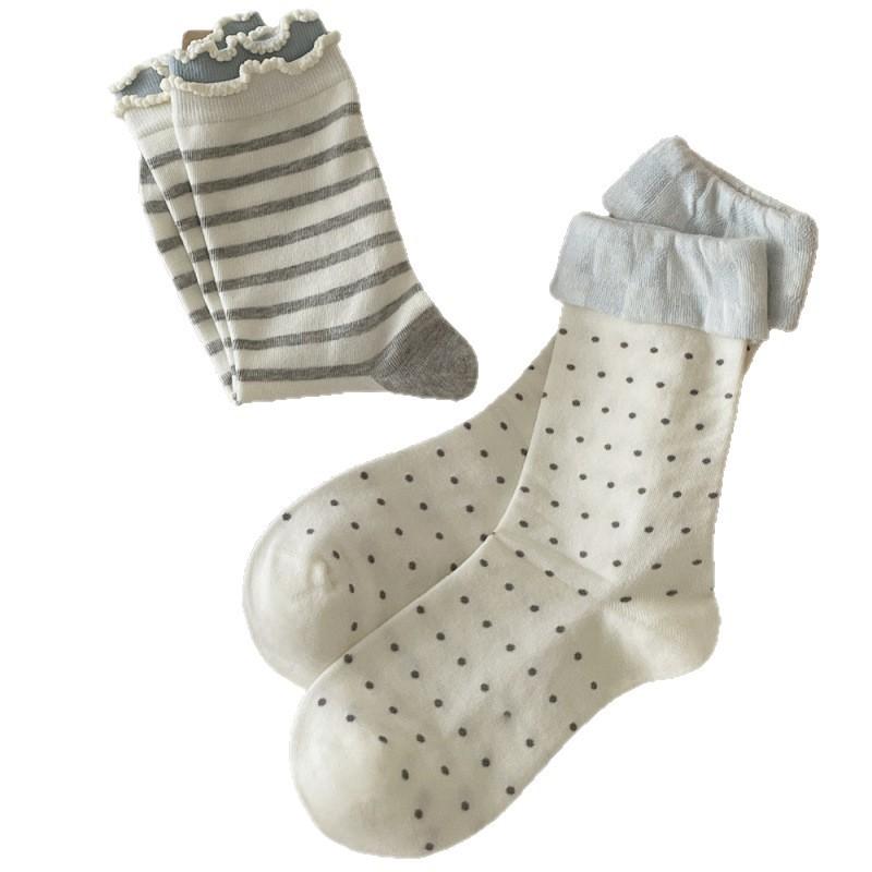 Autumn Mid-Leg Socks Cotton Socks Dotted Stripes Simple Socks Cotton Conventional Girly Style