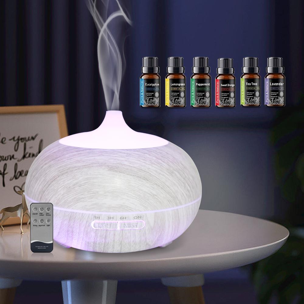 Wood Grain Aromatherapy Diffuser 550ml Remote Control, 6 Essential Oils, 7 Color Changing LED Night Light for Home Office