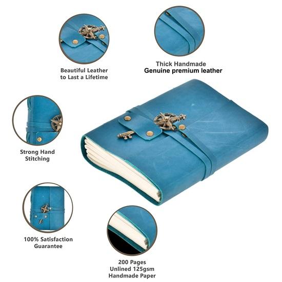 15,24 cm Premium Leder Tagebuch mit Metallschlüsselverschluss und recyceltem handgeschöpftem Papier Blau