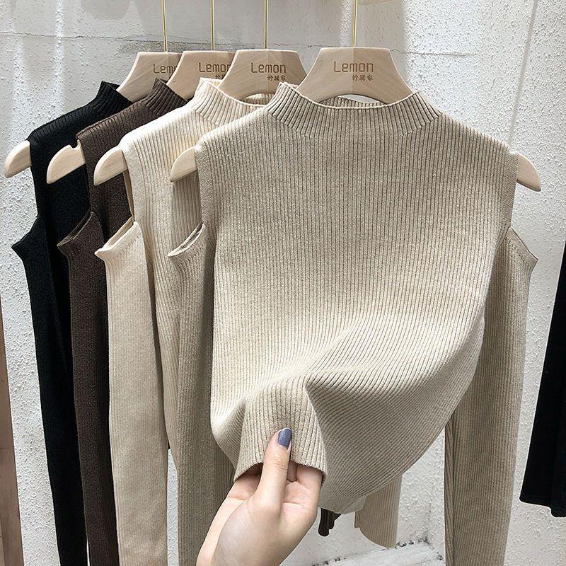 WTEMPO Fashion Off-the-shoulder Women's Pullover Tops Long-sleeve Autumn New Bottoming Knitted Shirt Mock Neck Female Sweater