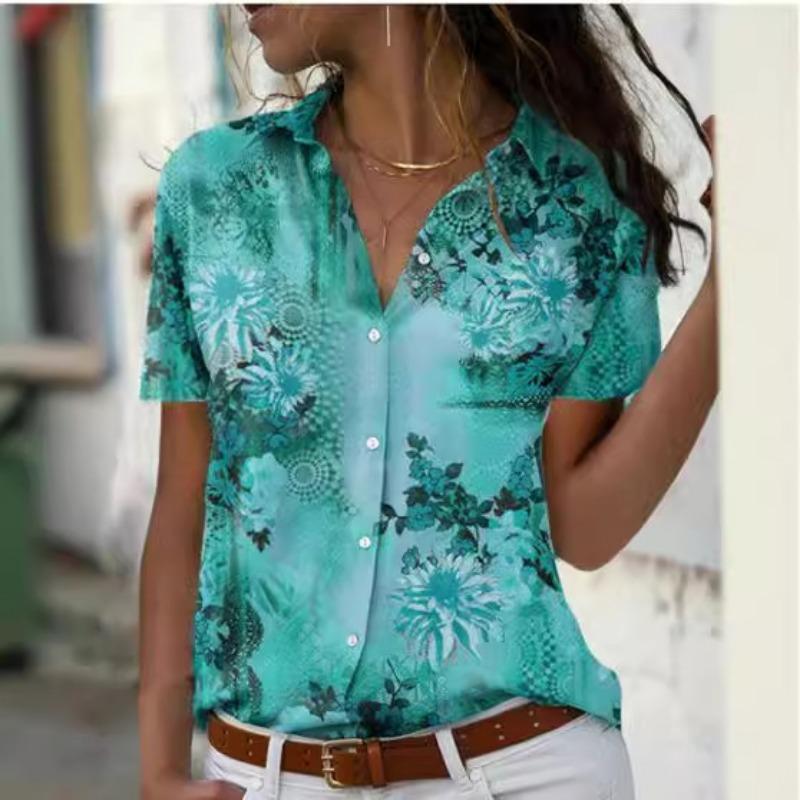 Sommer Neue Gedruckt Kurzarm Casual Lose Blusen Frauen Slim Fit Tops Mode Plus Größe Shirts für Frauen Vintage Button Up Revers Weibliche Hemd 26619