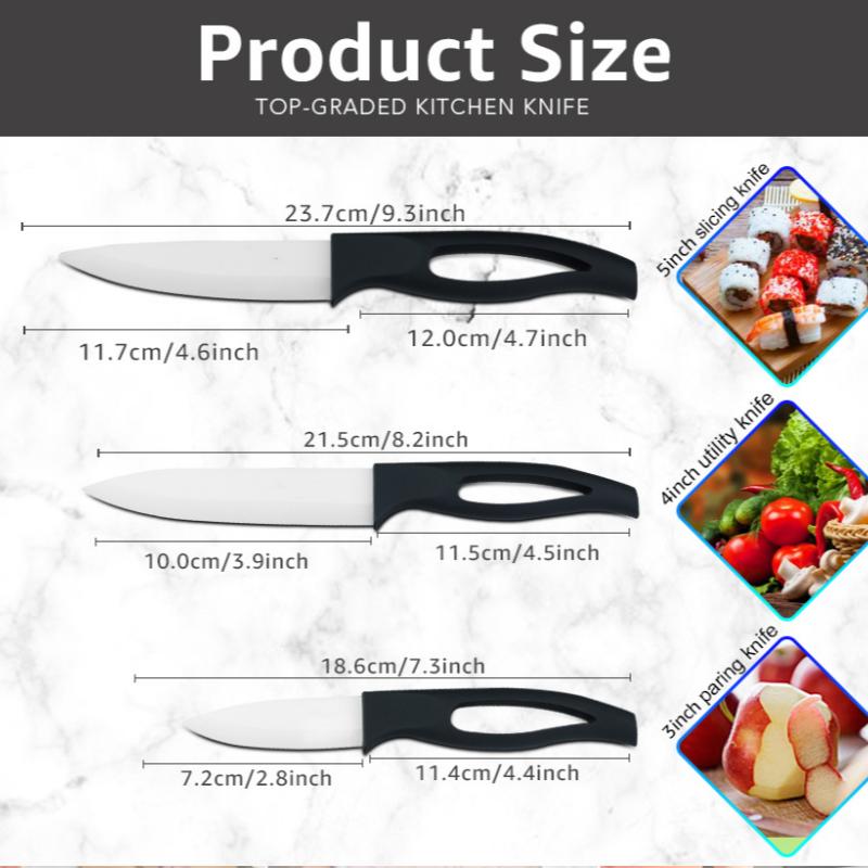 Ceramic Fruit Knife for Kitchen 3 4 5 Inch Black Blade Chef Knife with Sheath Utility Slicing Cooking Tool for Vegetable Rustproof Zirconig