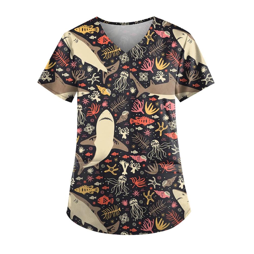 Women's Clothing Cartoon 3D Print V-neck Women's Working Clothes Tops Short Sleeve With Pockets Carers Medical Nurse Uniform