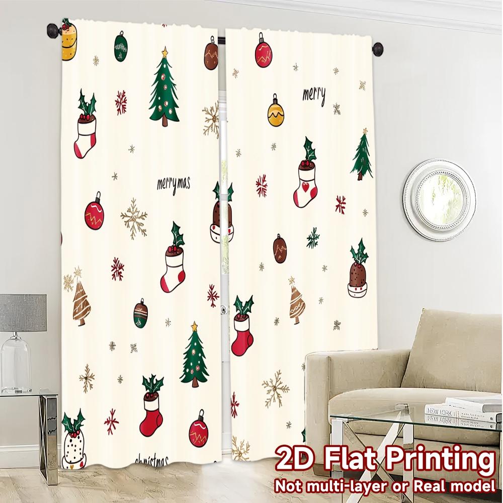 2pcs,Curtains Christmas Ornaments Trees Holly Jingles Popular Print Curtains Versatile Durable Polyester Curtains Versatile All