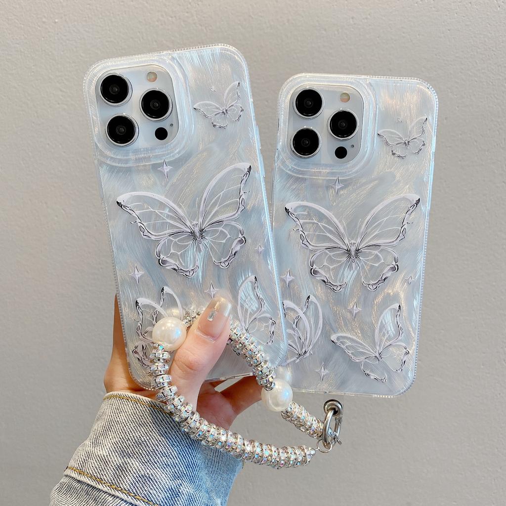 Fortschrittliches Federgarn für IPhone 16 Pro Silber Schmetterling Handyhülle für Apple 12 Hart 14 Kette Schutzhülle