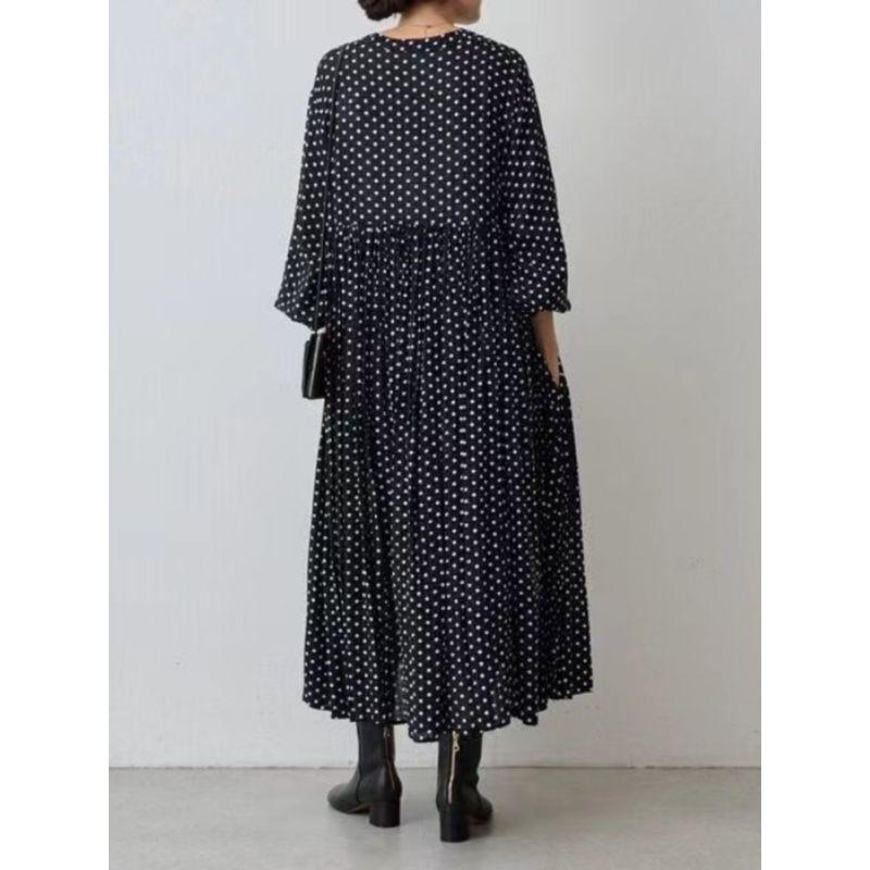 And Autumn Women's Clothing Round Neck and Long Pattern Pleated Nine-Quarter Sleeve Polka Dot Dress Loose Slim Looking Plus Size High Waist Long Dress