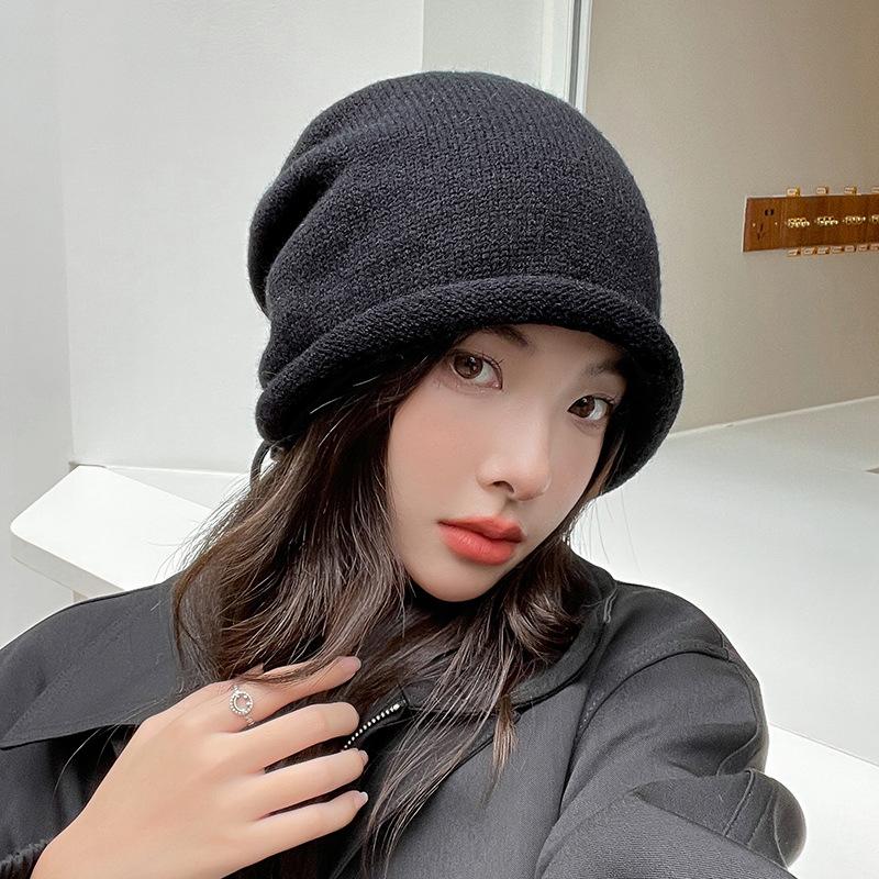 Pile Hats Female Autumn and Winter Show Face Small Bag Head Cold Hat Big Head Circumference Drawstring Crimped Knitted Wool Hat