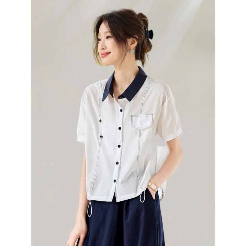 Women's Light Blue Color Block Collar Short Sleeve Button Down Shirt Casual Loose Blouse