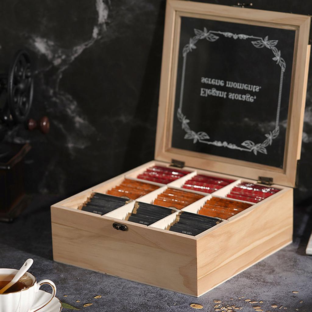 Wooden Tea Bag Organizer Box 9 Compartments Storage Teabag Holder Container with Transparent Lid for Countertop Tea