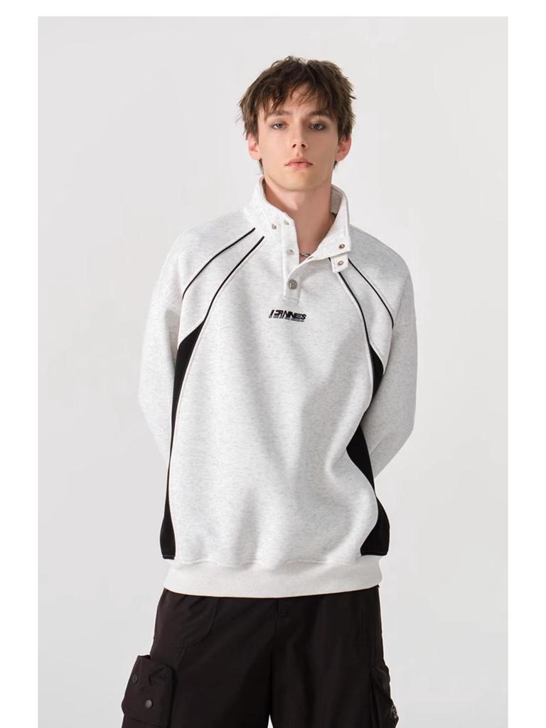 2025 Trendy Hong Kong Style Color Block Polo Shirt with Embroidery Lettering - Men's Retro Loose Hoodie
