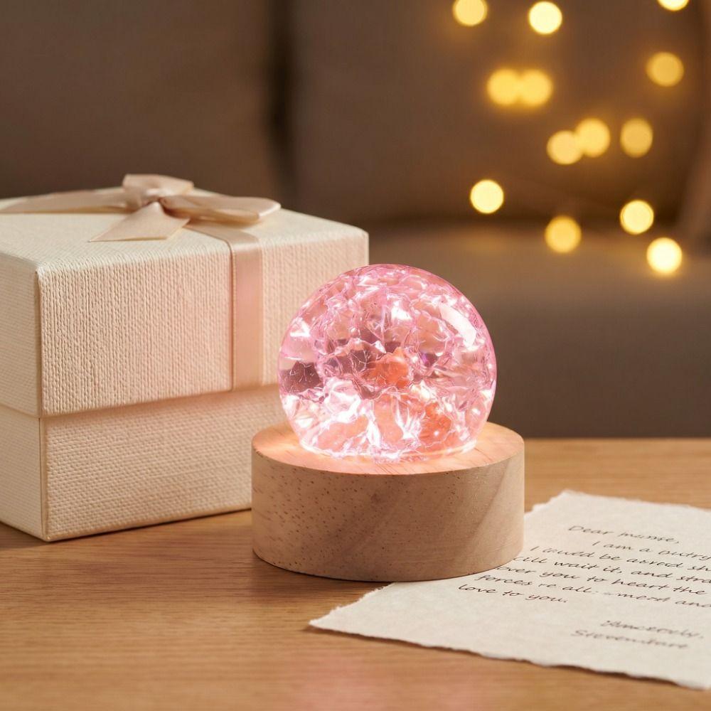 LED Wood Stand Luminous Crystal Ornaments Shiny Glaze Beads Glass Sphere Figurine Home Decoration