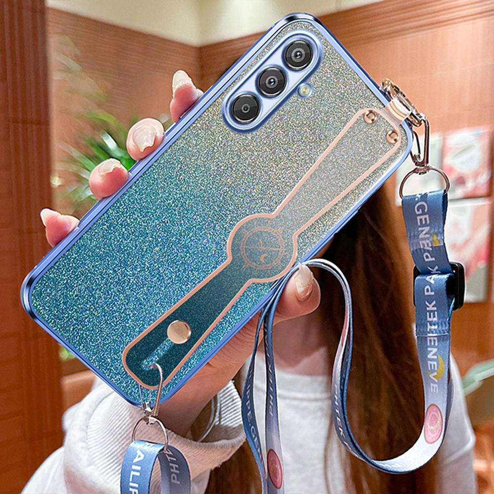 

For Samsung Galaxy A55 5G Case Electroplated Glitter Hand Strap Kickstand TPU Back Cover with Shoulder Strap Blue