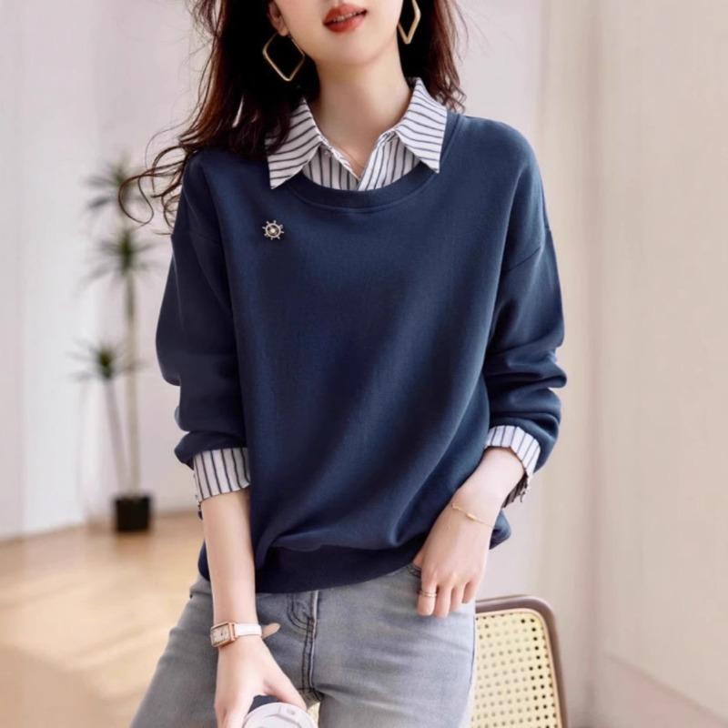 Модная толстовка с длинными рукавами для женщин, стильная, осенняя, повседневная, утягивающая, имитация двухкомпонентной толстовки для женщин, пуловеры и длинные рукава для женщин S темно-синий