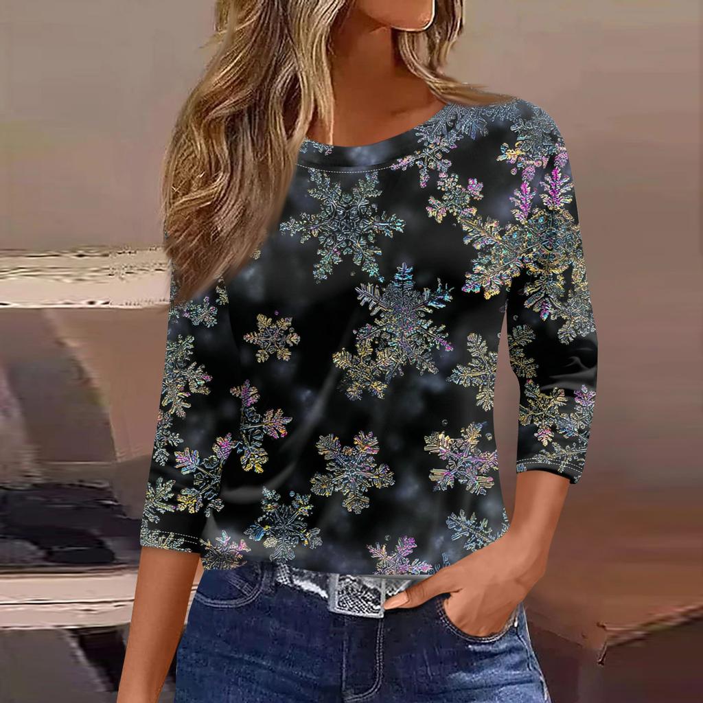 Women's Fashionable Casual Three Quarter Sleeve Christmas Printed Round Neck Top